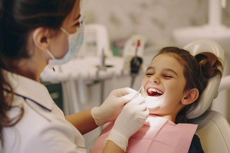 Little girl sitting in dental chair with open mouth and smiling while visiting dentistの素材