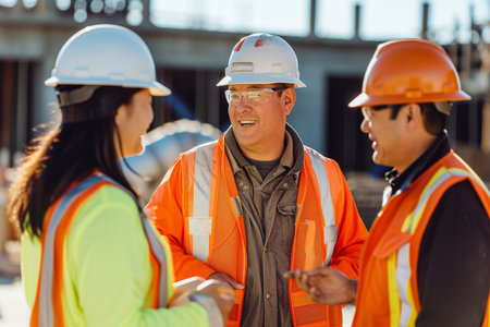 Architects and engineers discussing the project at a construction site.の素材