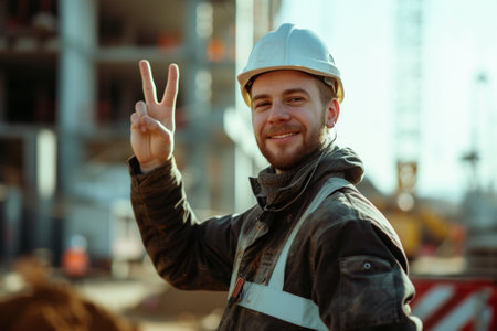 Portrait of a smiling male engineer showing victory sign on construction siteの素材