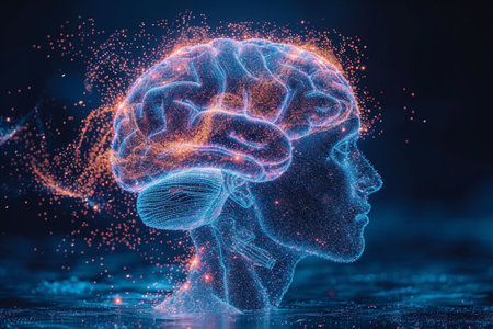 3d rendering of human head with brain and glowing particles on ...