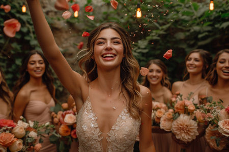 Beautiful bridesmaids and best friends celebrating their wedding dayの素材