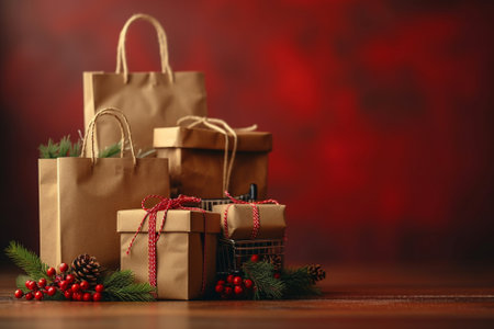 Christmas gifts and shopping bags on wooden table. Christmas shopping concept.の素材