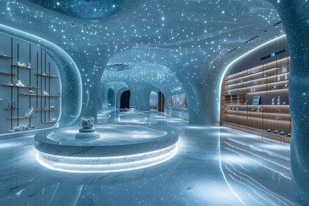 3D rendering of a futuristic hallway with lights coming from the ceilingの素材