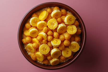 Bowl with tasty oatmeal, berries and banana on color backgroundの素材