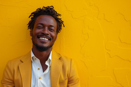Portrait of happy african american businessman standing against yellow wallの素材