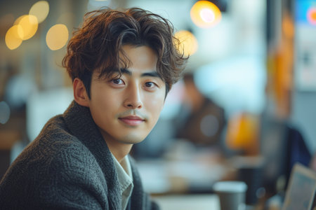 Portrait of handsome korean man in office lobbyの素材