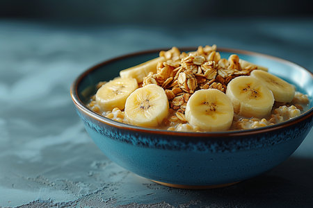 Bowl with tasty oatmeal and banana on table, closeupの素材