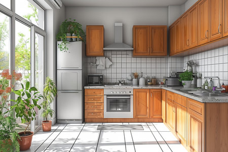 illustration of modern kitchen with colourful walls and tiled floorの素材