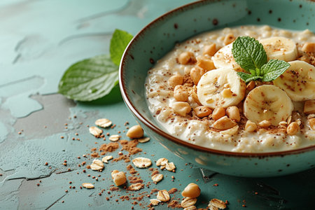 Bowl with tasty oatmeal and banana on table, closeupの素材