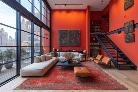 Luxury living room with red walls, a panoramic view of New York City. 3d renderingの素材