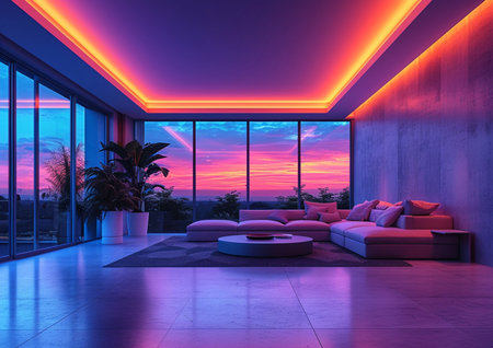 neon lights with minimalist furniture living room interior designの素材