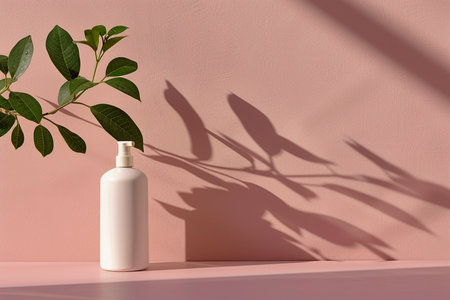 White natural cream soap bottle on pastel pink background with succulent plant. Generic beauty care product.の素材