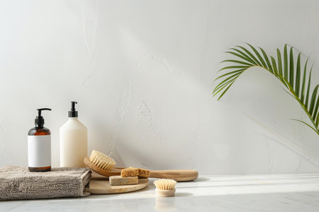 White natural cream soap bottle on pastel white background with succulent plant. Generic beauty care product.の素材