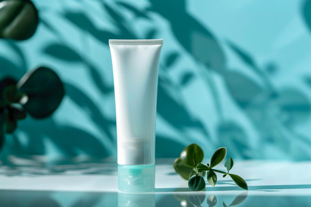 White cosmetic bottle containers with plants and cyan backgroundの素材