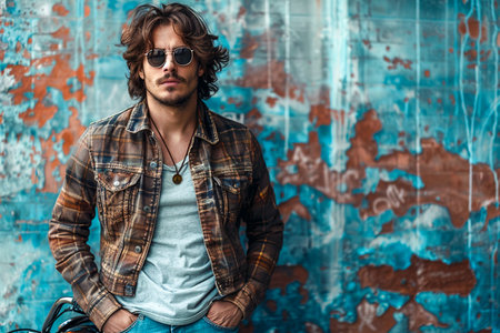 Portrait of a handsome young man in sunglasses and a checkered shirt with a vintage bicycle.の素材