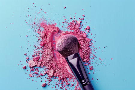Top view closeup of Makeup brush on Pink Pastel plastic texture background.の素材