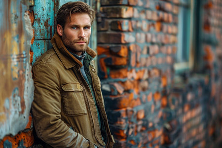 Portrait of a handsome man in a jacket on the street. Men's beauty, fashion.の素材