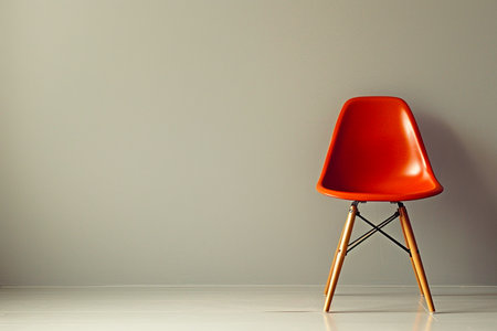 Modern red chair on grey wall background. Minimalist interior design.の素材