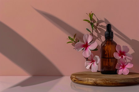 Brown glass bottle with dropper on pink background. Serum or essential oil packaging.の素材