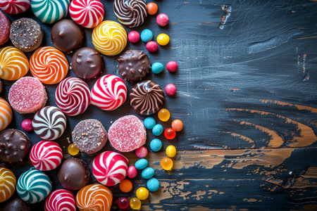colourful assorted candies on a dark marble backgroundの素材