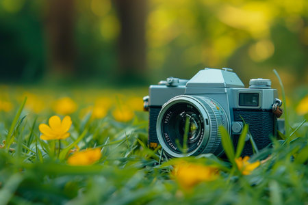 retro analog camera over the grassの素材