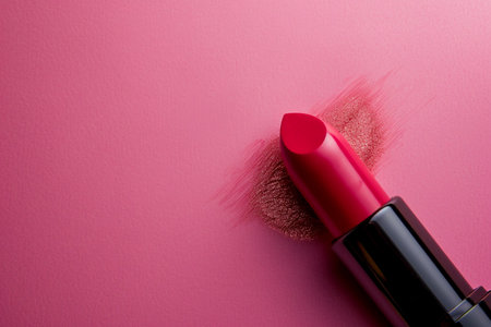 Bright lipstick in gold tube on pink background, space for textの素材