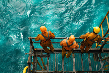 group of oil rig workers dressed in protective gear, collaboratively troubleshooting a piece of machinery on the deck of an offshore oil rigの素材