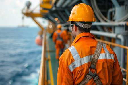 group of oil rig workers dressed in protective gear, collaboratively troubleshooting a piece of machinery on the deck of an offshore oil rigの素材