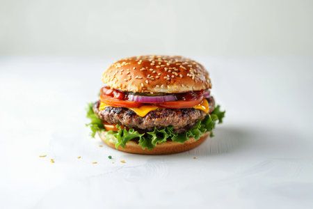 Detailed cheese burger on white backgroundの素材