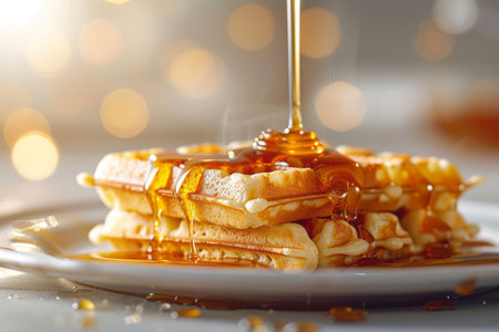 close up of a honey poured into waffle, copy spaceの素材