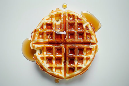 Top view of a waffle with mapple syrup on white backgroundの素材