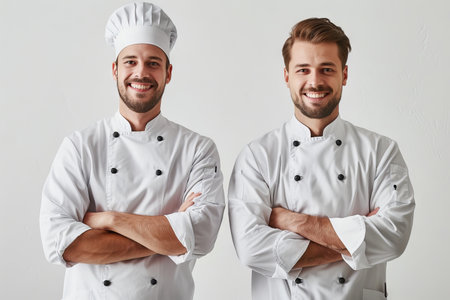 Portrait of a two happy chef smiling at camera, white backgroundの素材