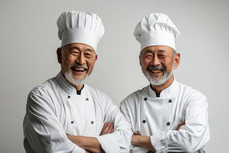 Portrait of a two happy chef smiling at camera, white backgroundの素材
