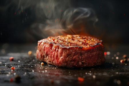 Fresh grilled meat. Grilled beef steak medium rare on black panの素材
