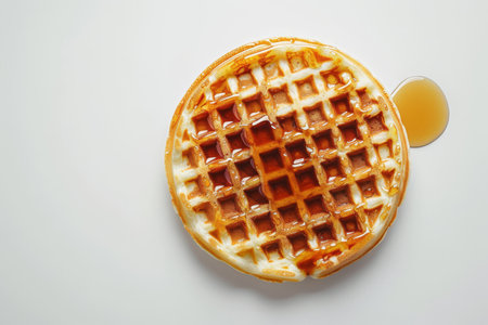 Top view of a waffle with mapple syrup on white backgroundの素材