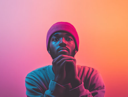 A contemplative individual in a beanie, posed against a vibrant gradient background.の素材
