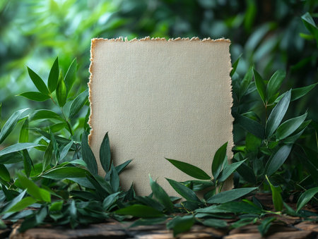 A blank, textured paper sheet surrounded by lush green leaves, ideal for nature-themed designs.の素材