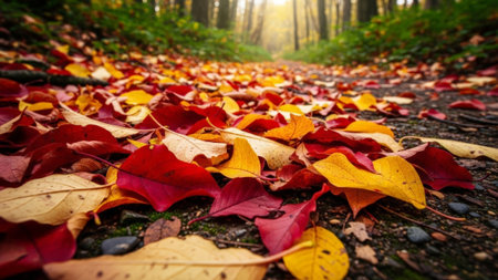 A thick carpet of colorful autumn leaves blankets the forest floor and a winding path, showcasing the beauty and transition of the season, perfect for evoking feelings of nature's change.の素材