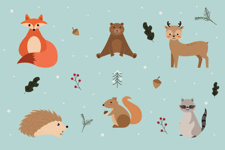 Winter woodland collection, animals and plantsのイラスト素材