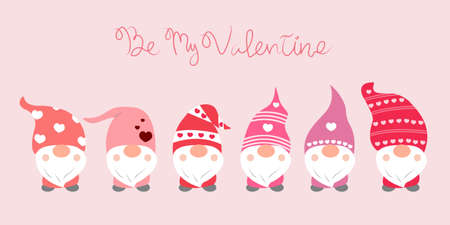 Valentine's day background with cute gnomes and 'Be My Valentine' hand-drawn word.のイラスト素材