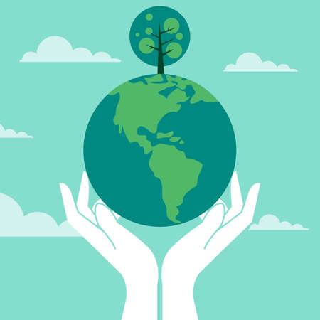 Flat illustration of hand with earth and growing treeのイラスト素材