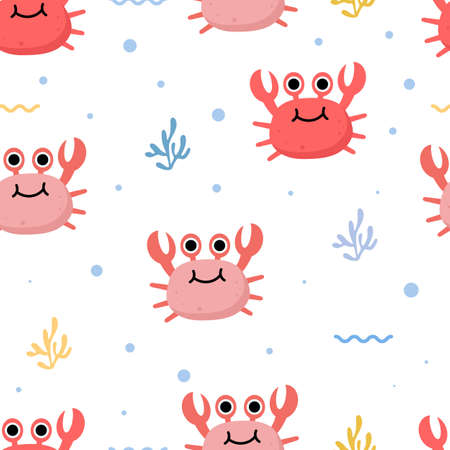 Seamless pattern with cute crab and seaweedsのイラスト素材