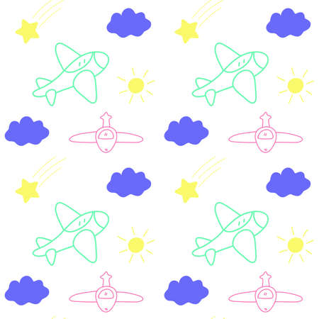 Seamless pattern with hand-drawn plane in the skyのイラスト素材