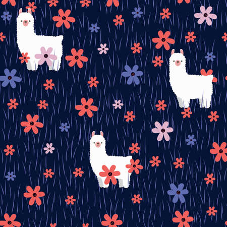 Find the Llama in flower meadow seamless patternのイラスト素材