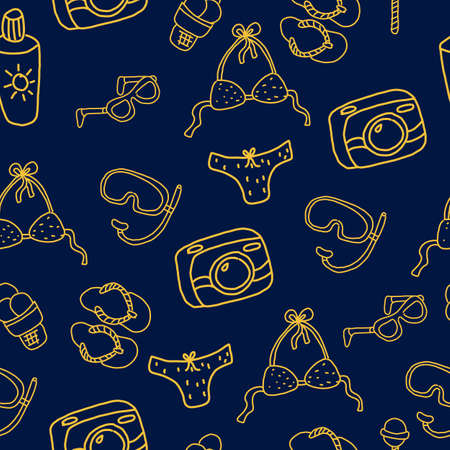 Hand-drawn simple summer seamless pattern with bikini, snorkel, sandals, camera, etc