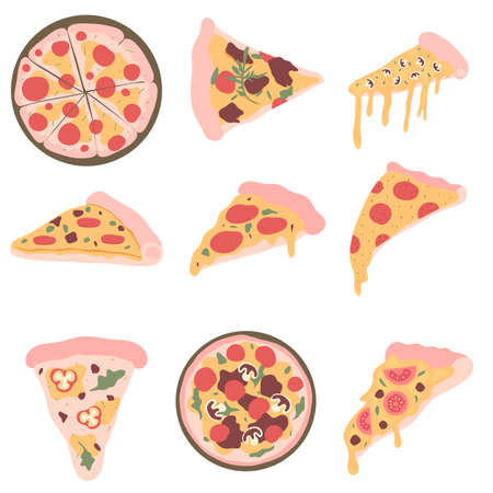 Pizza collection flat hand-drawn illustrationのイラスト素材