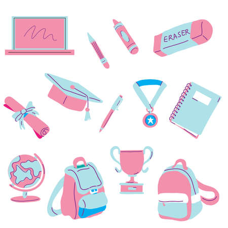 Back to school collection flat hand-drawn illustrationのイラスト素材
