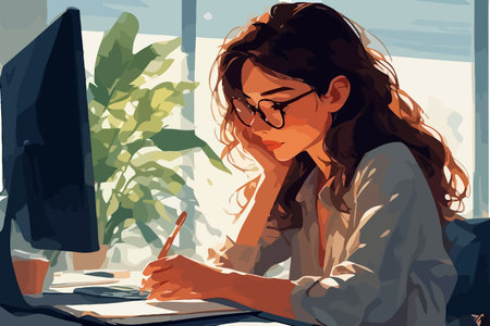 Illustration of a young woman working at her desk in the officeのイラスト素材