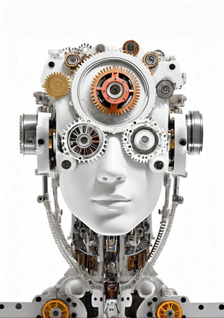 3d rendering robot head with gears and cogwheels on white backgroundの素材