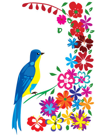  blue bird and flowersのイラスト素材
